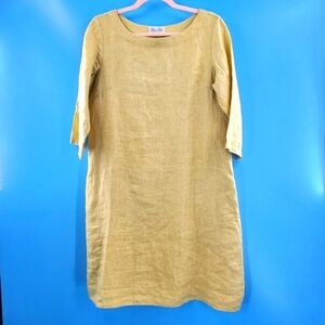 Elementree pale yellow linen dress 3/4 sleeves L